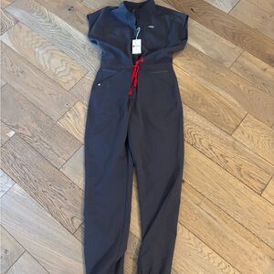 Figs Charcoal Jumpsuit with Red Drawstring